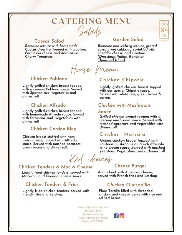 La Fogata house catering menu