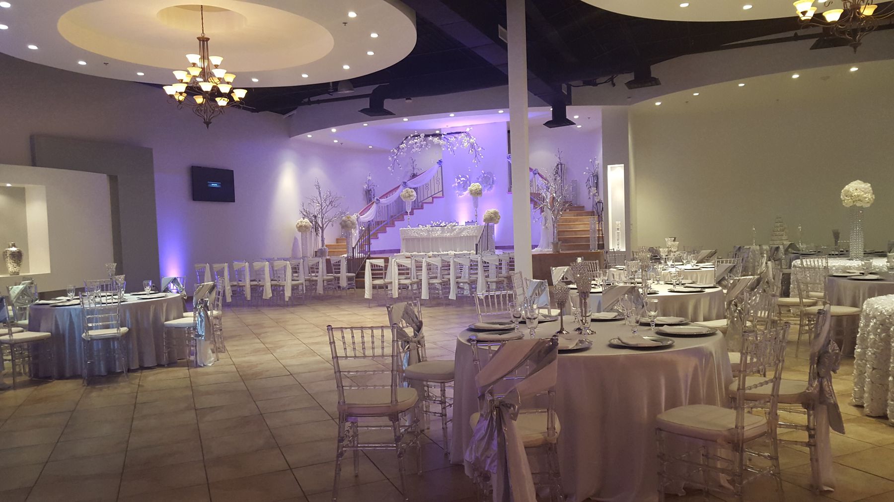 Chandeliers and tables at VIP A Venue